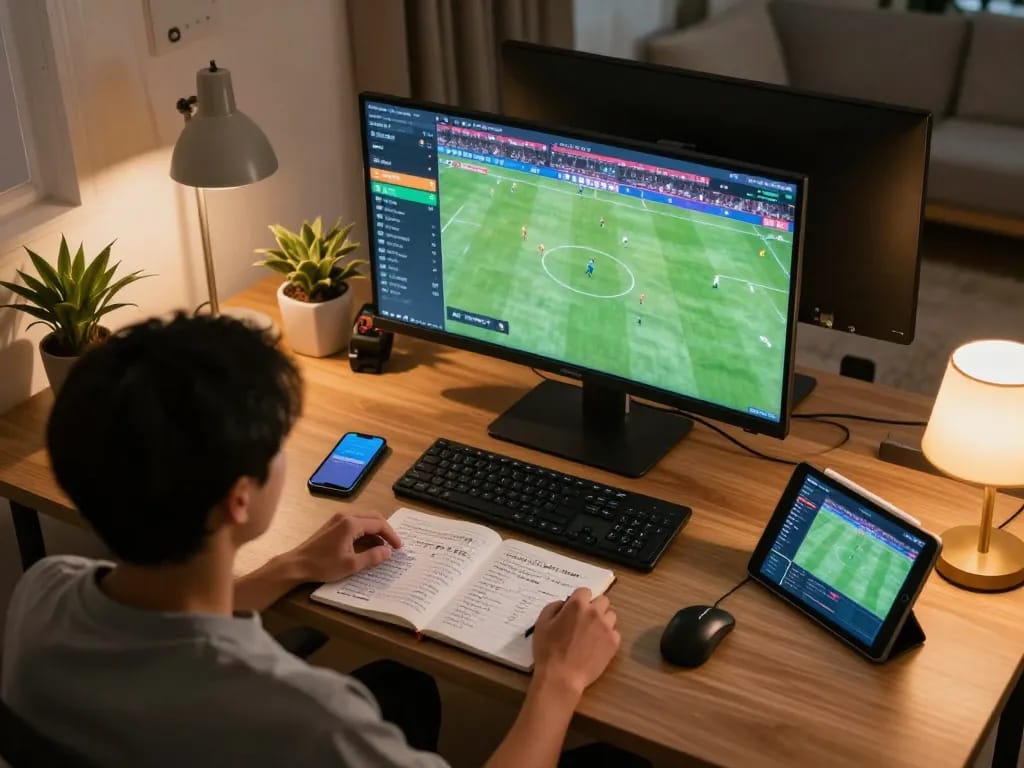 Engaging sports betting setup showcasing trực tiếp bóng đá socolive on multiple screens with warm ambiance.