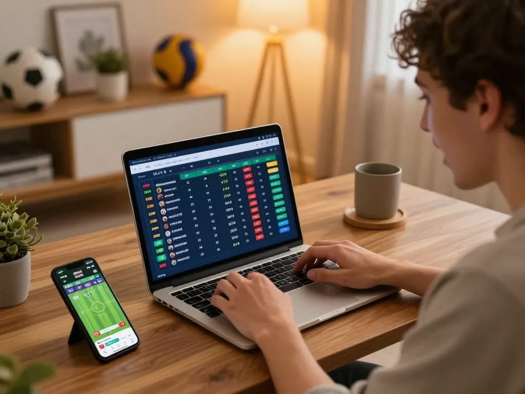 Engaged in online sports betting, the user browses trang cá cược bóng đá odds from a cozy home setup with a laptop.