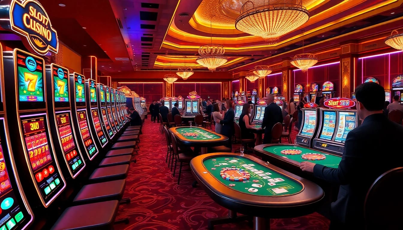 Experience the excitement of Slot777 with vibrant casino slot machines and players in action.