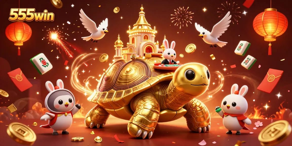 Experience exciting games at 555win with a vibrant casino scene featuring a golden tortoise and rabbit dealer.