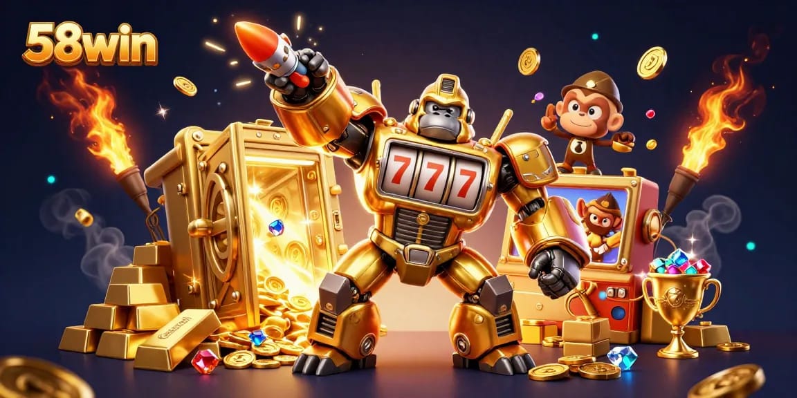 Play with 58win's exciting golden gorilla mech in a vibrant casino treasure scene.