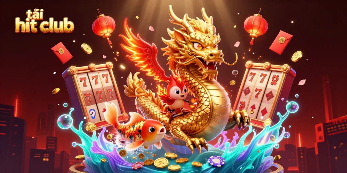 Experience the thrill of tải hit club with vibrant visuals, showcasing a dynamic dragon and phoenix in a casino setting.