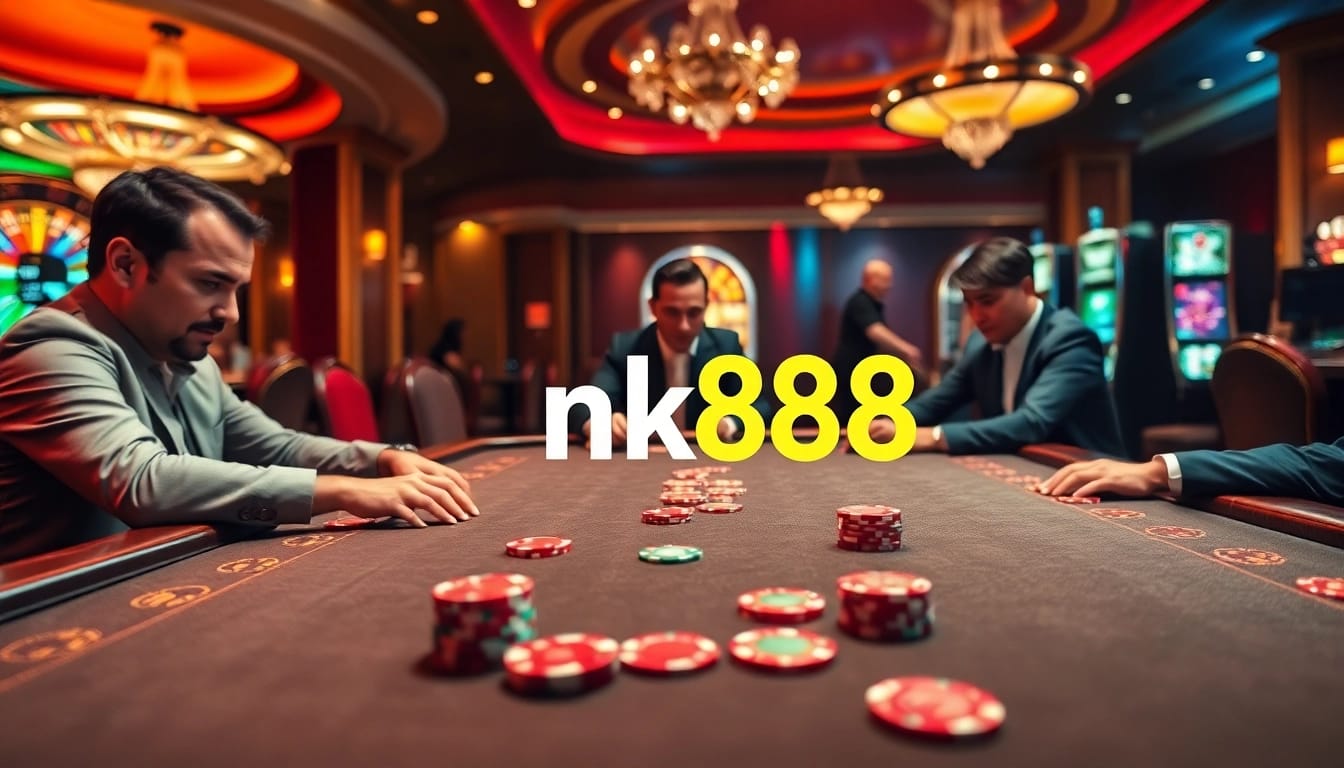 Engage in thrilling poker at nk88 with vibrant chips and a roulette backdrop.