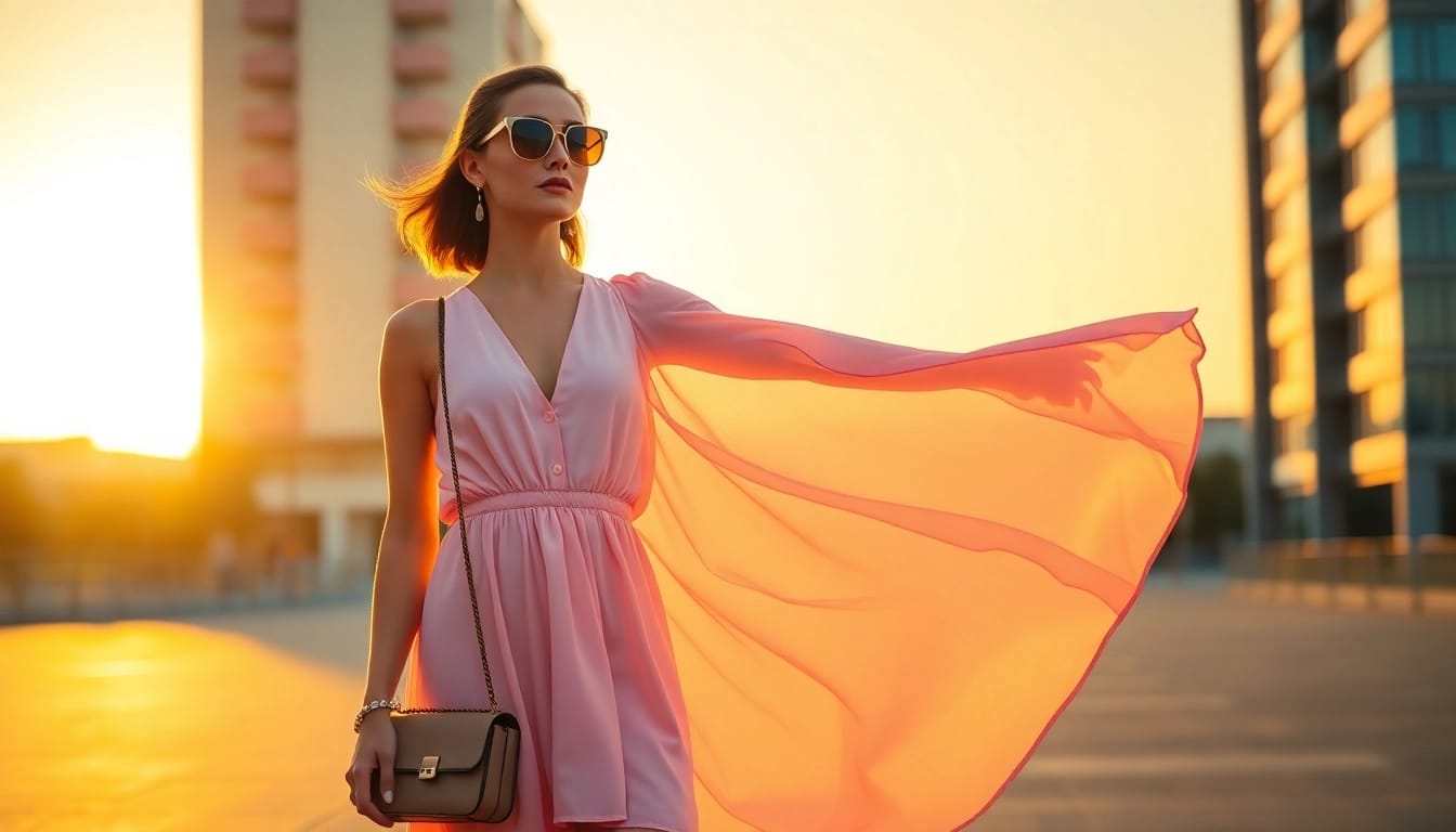 Fashionable woman in a chic dress celebrating Women Fashion in an urban sunset.