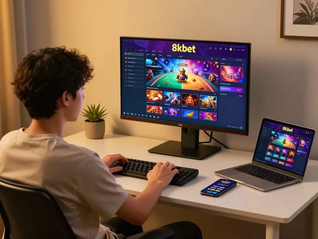 Player engaged with 8kbet casino games on a stylish gaming setup, emphasizing focused online gambling experience