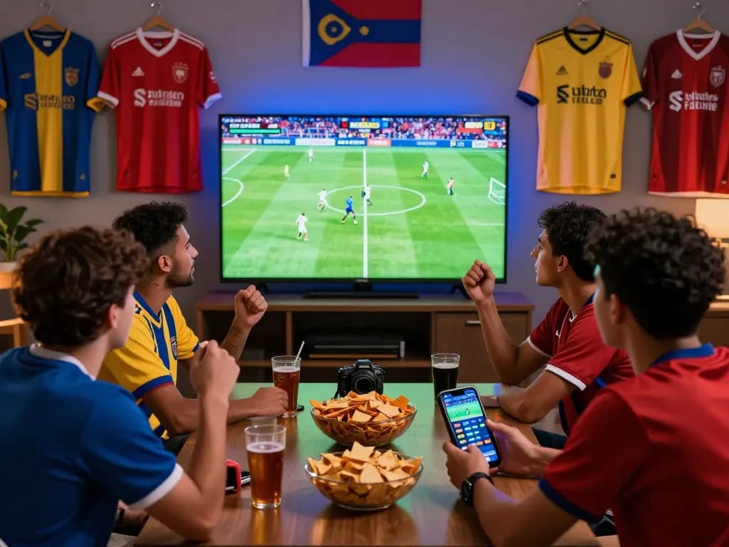 Lương Sơn TV fans enjoying a thrilling live football match experience in Full HD, surrounded by snacks and updates.