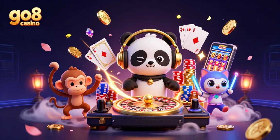 Engage in exciting gameplay at go8 casino with vibrant characters, glowing elements, and dynamic casino scenes.
