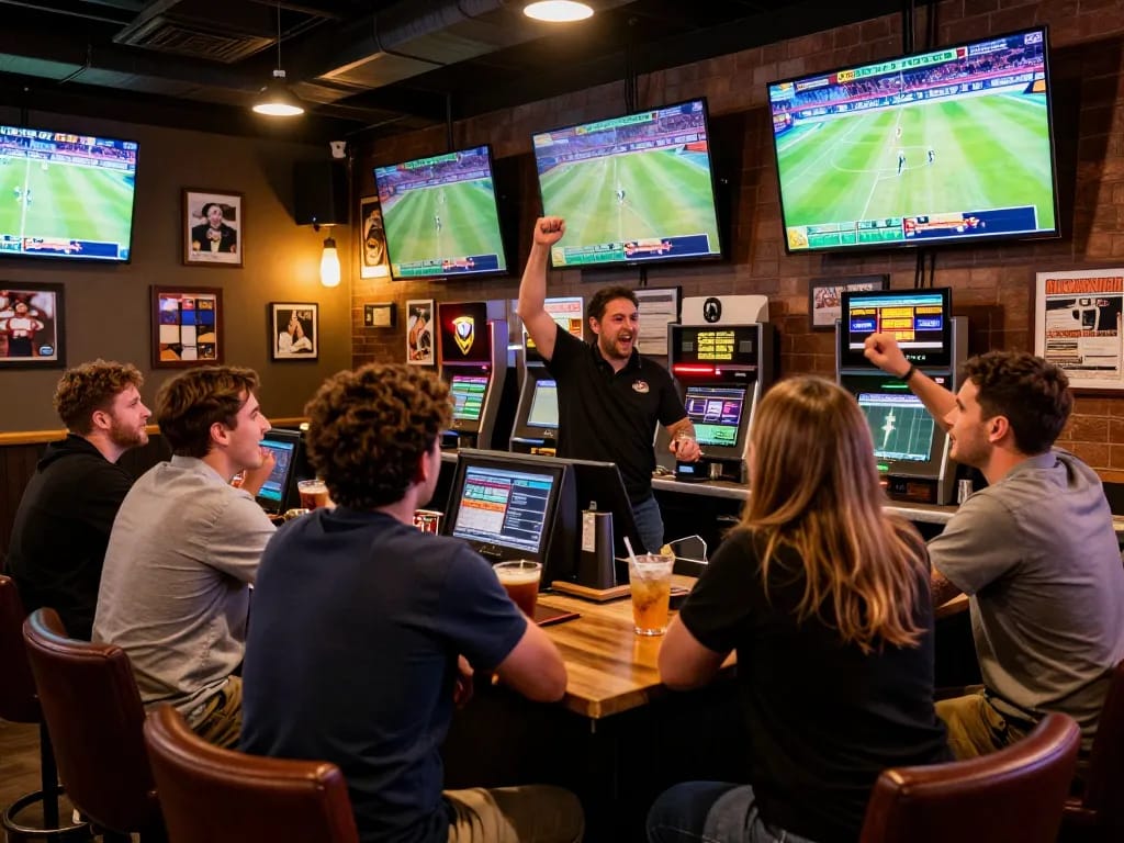 Fans placing bets on sports games at net88's vibrant betting bar, celebrating winning wagers with drinks in hand