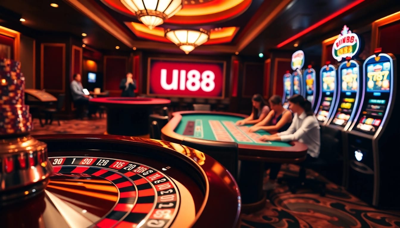 Engage in thrilling gameplay at UU88's luxurious casino, featuring vibrant roulette and poker tables.