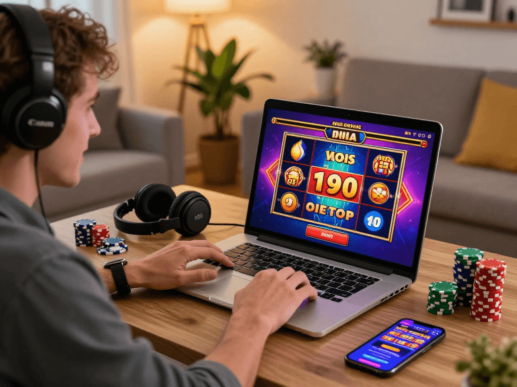 Engaging scene of a player enjoying non UK slot sites in a cozy home setting, showcasing excitement.