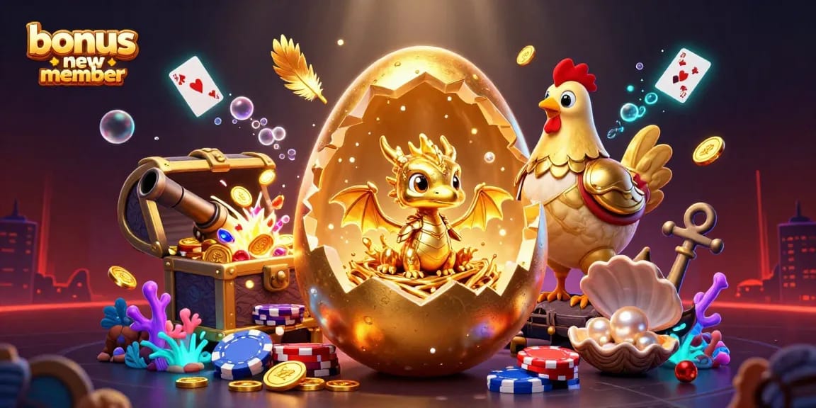 Menangkan bonus anggota baru yang menarik dengan ilustrasi kasino yang kaya simbol dan karakter emas.