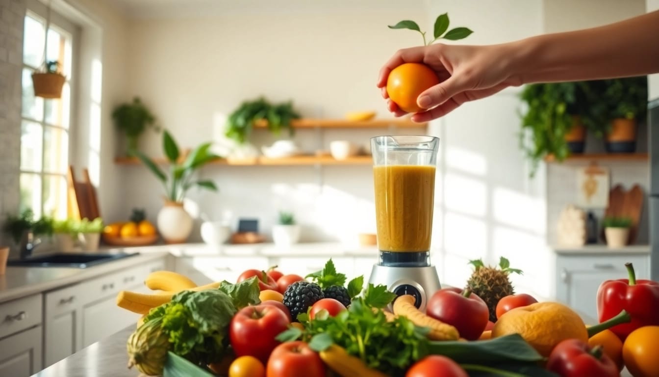 Engaging scene of healthy food preparation emphasizing Weight Loss with fresh produce and a smoothie blender.