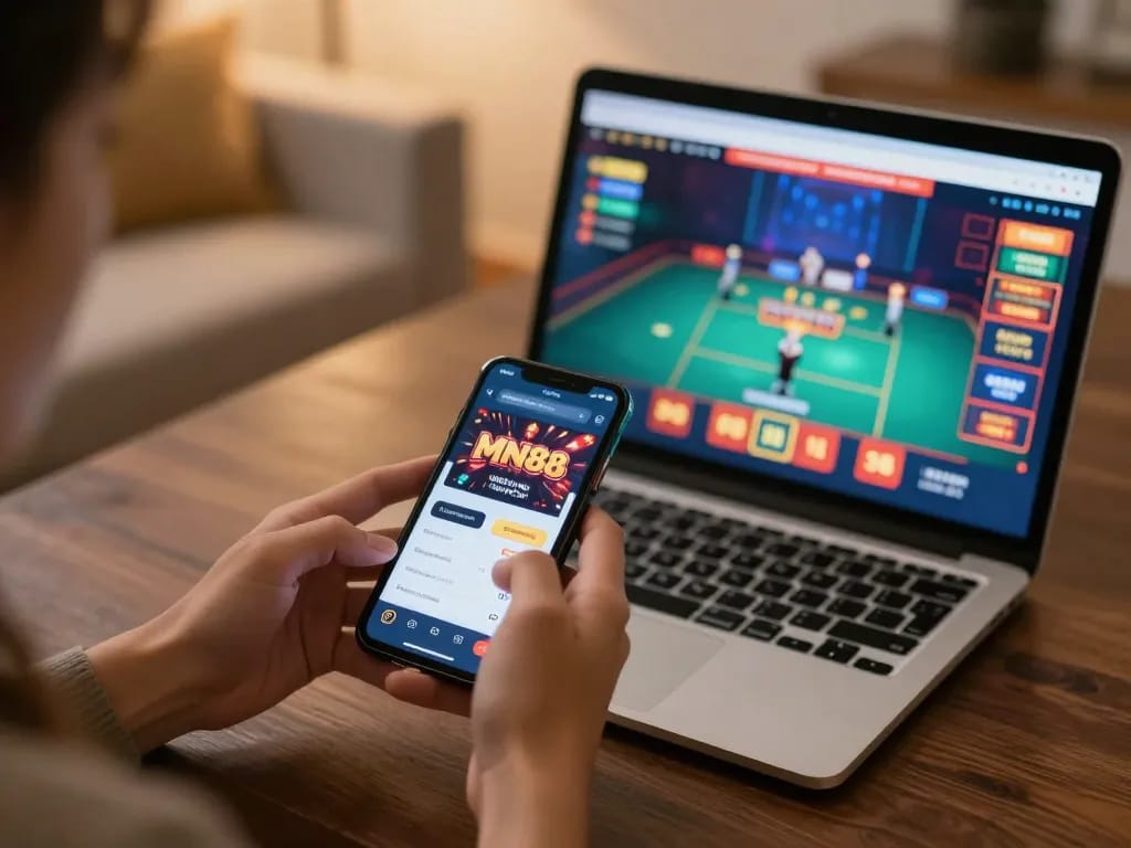Player interacts with MN88 casino app and live dealer game on laptop, showcasing online gaming experience.