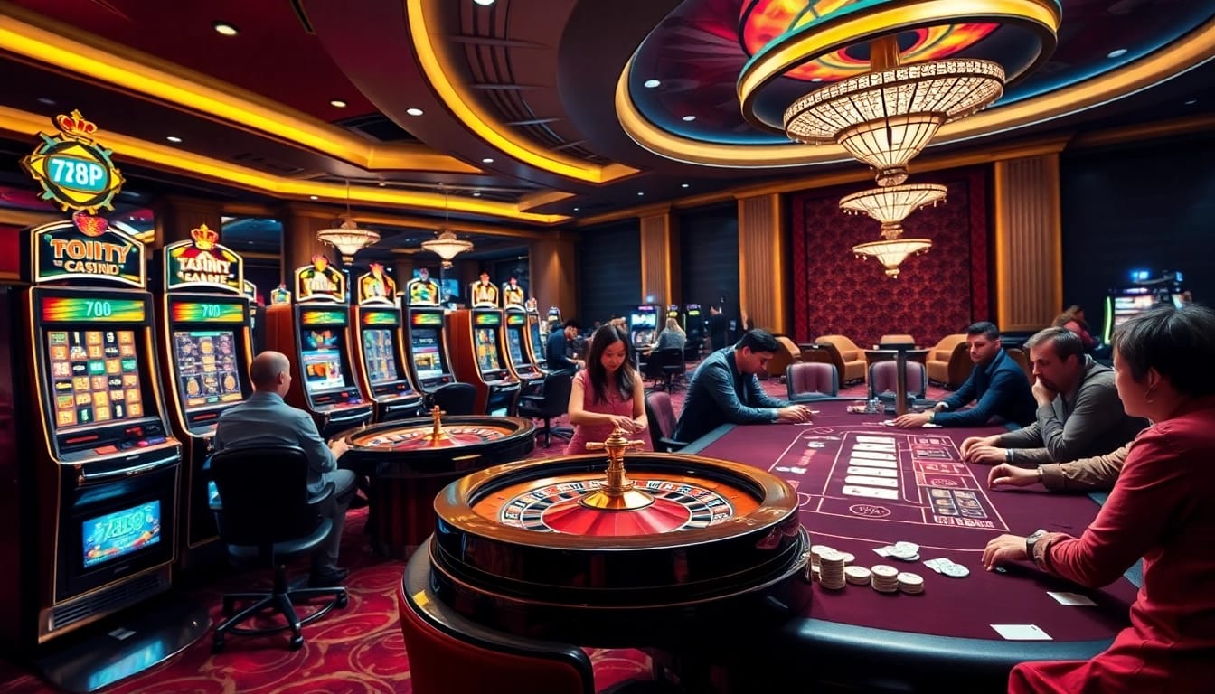 Action-packed casino atmosphere featuring slot machines and poker tables, highlighting 789P excitement.