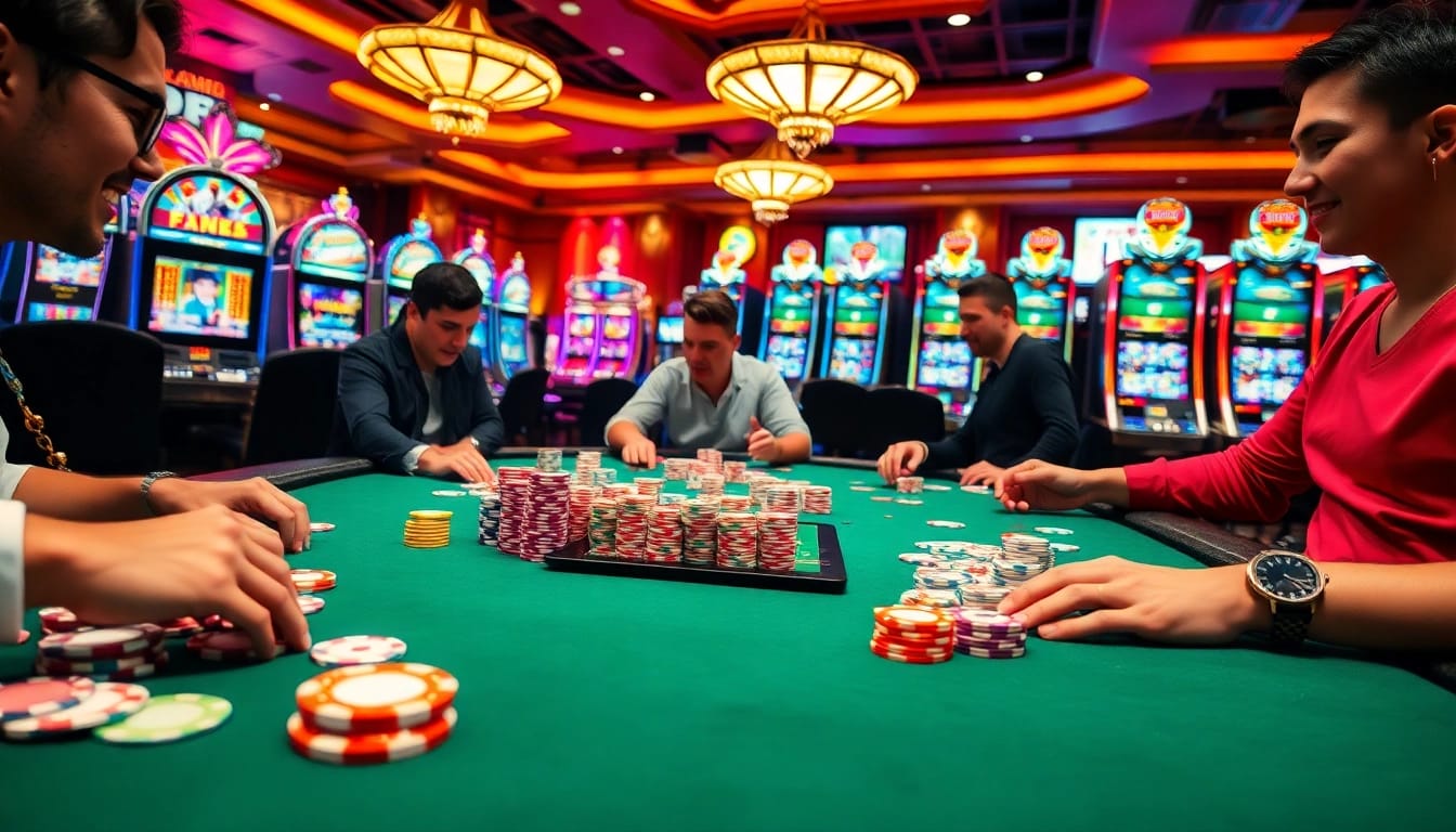Exciting poker game action at bet888 casino surrounded by vibrant slot machines.