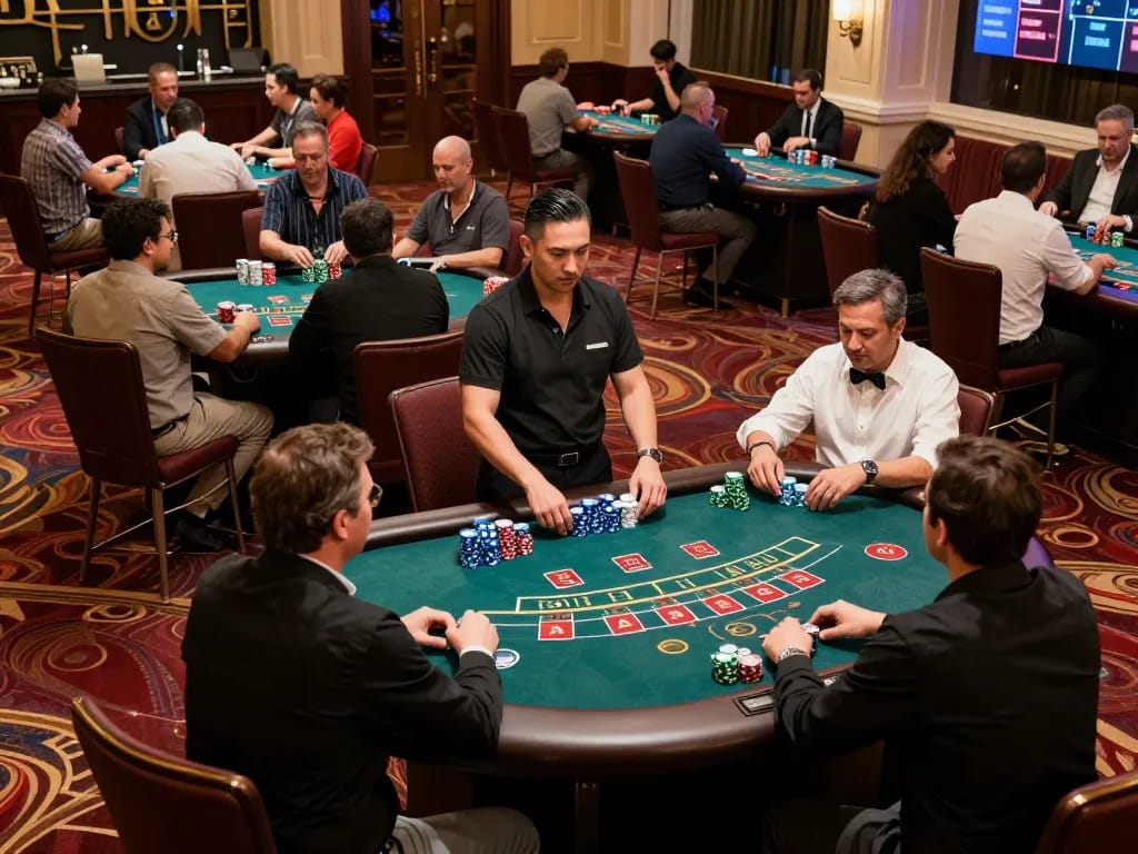 Players engaging in blackjack at mb668 casino, enjoying a vibrant atmosphere with chips stacked high