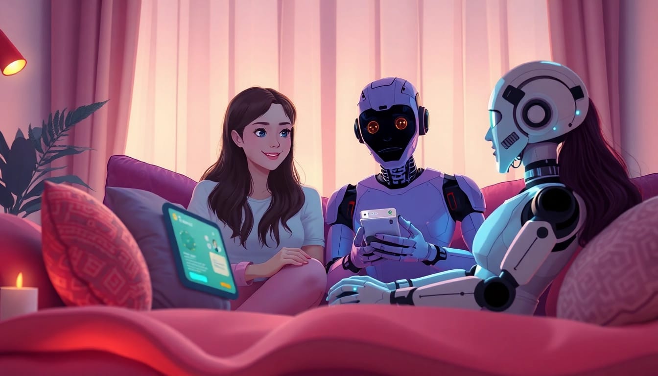 Engaging ai chat porn interaction between user and lifelike AI character in a cozy atmosphere.