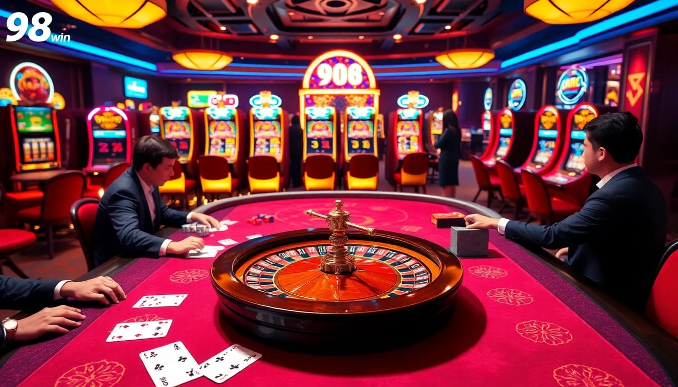 Players enjoying a lively poker game at 98win's luxurious casino, surrounded by vibrant slot machines.