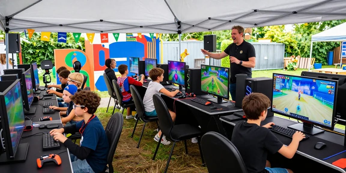 Gaming party London with kids enjoying competitive gameplay, vibrant setups, and energetic hosts.