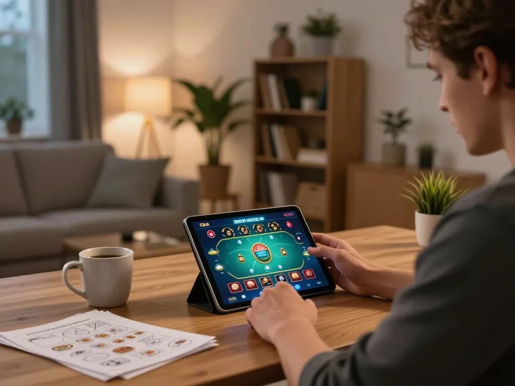Người chơi tương tác với ứng dụng 12bet trên máy tính bảng, trong không gian ấm cúng tại nhà.