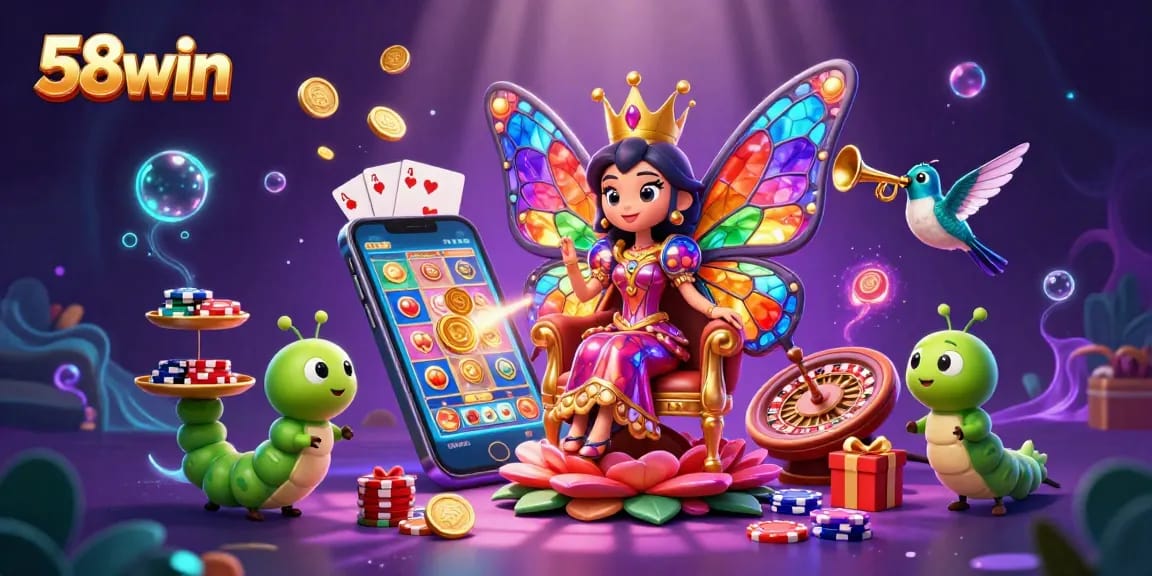 Experience 58win's vibrant casino world with a colorful slot game, chips, and festive elements.