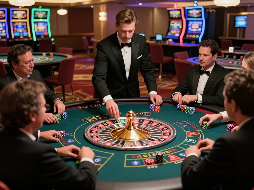 Players betting at the live dealer roulette table in a luxurious casino atmosphere with 678vip com