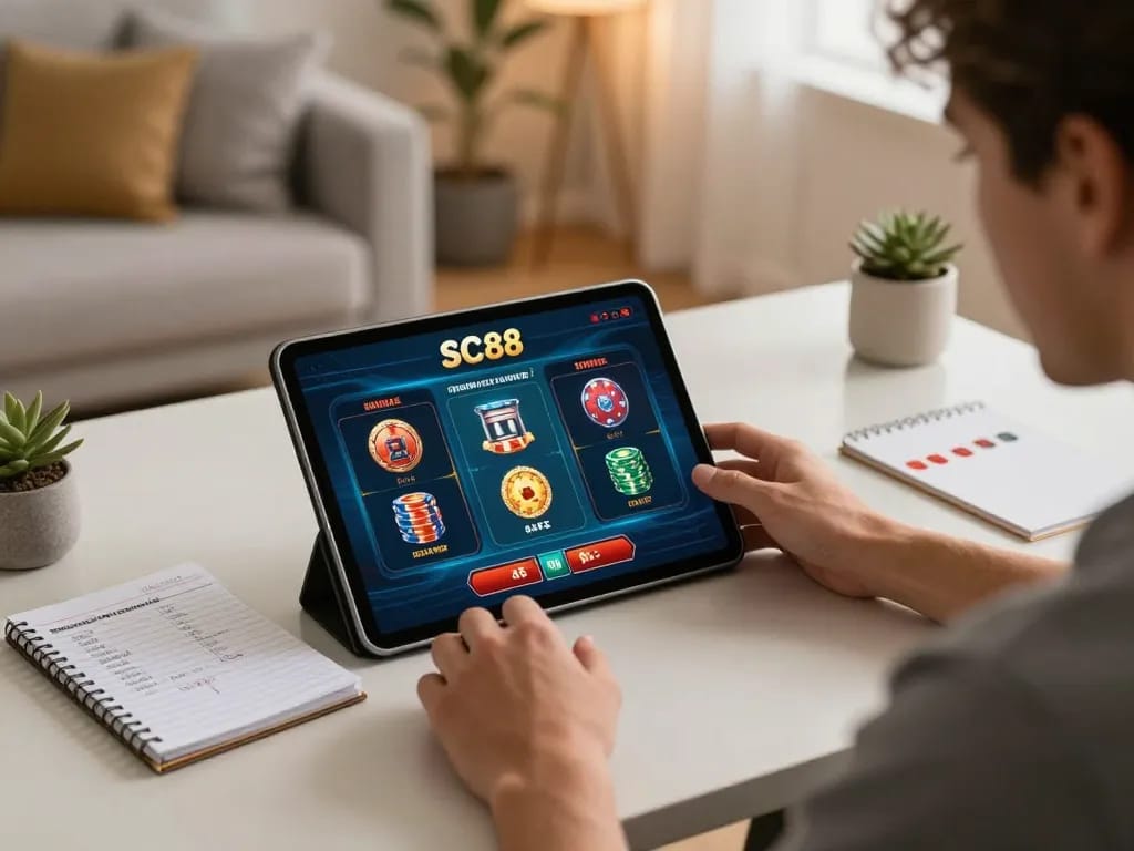 Player enjoying SC88 online gaming experience on a tablet, showcasing exciting betting options.