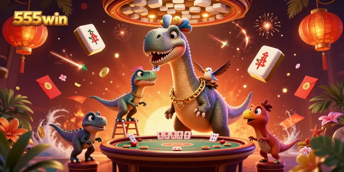 Engage with 555win's thrilling casino experience featuring a playful dinosaur scene.
