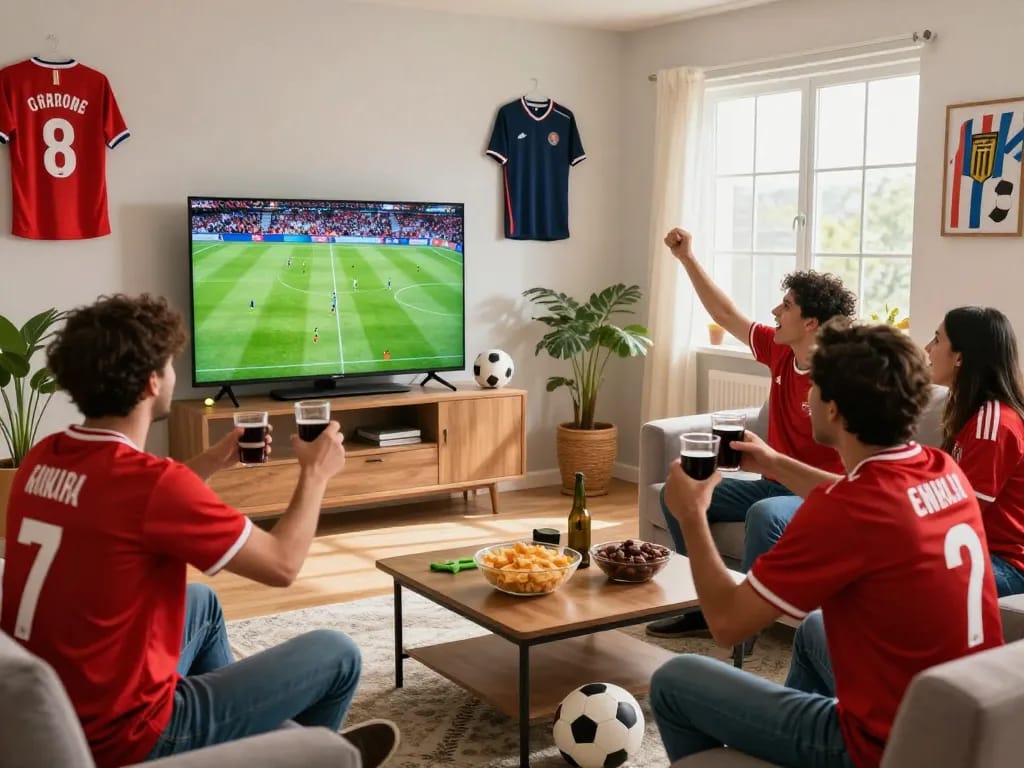 Excited fans enjoying a live footbal stream Cakhiatv in a vibrant living room filled with football memorabilia.
