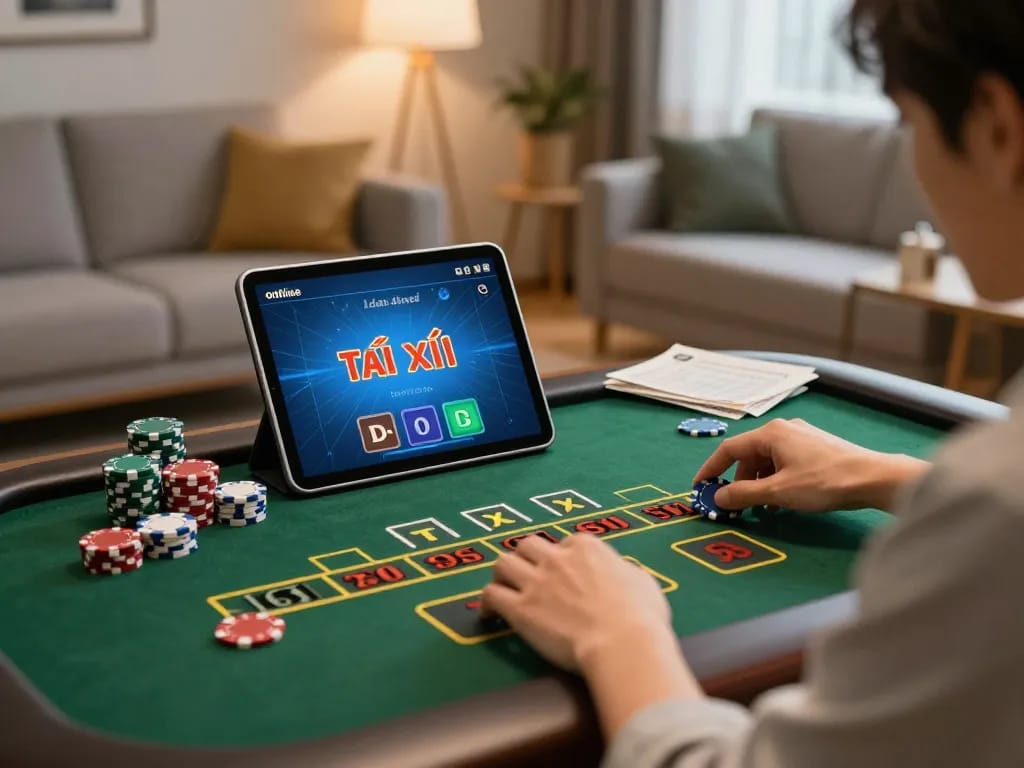 Engaging in online tài xỉu gameplay with excitement and strategic notes in a cozy home setting.