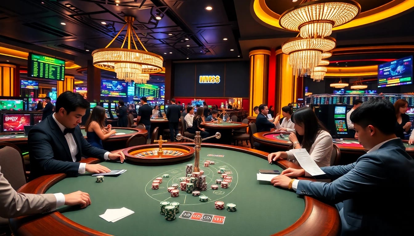 Feel the excitement at MM88 with players enjoying thrilling casino games and vibrant neon lights.