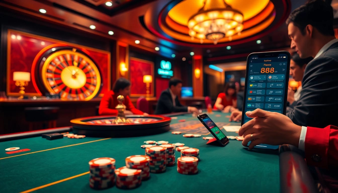 A high-stakes poker game at nhà cái 888b with vibrant casino elements, showcasing excitement and luxury.