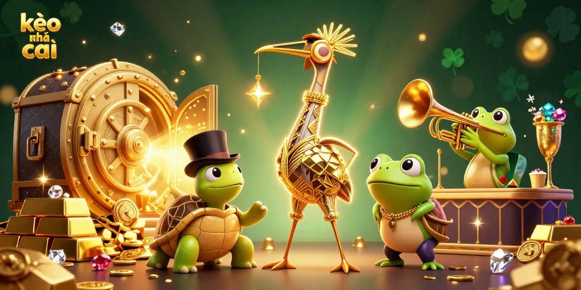 Bet on kèo nhà cái with vibrant treasures, characters, and casino elements in 3D illustration.