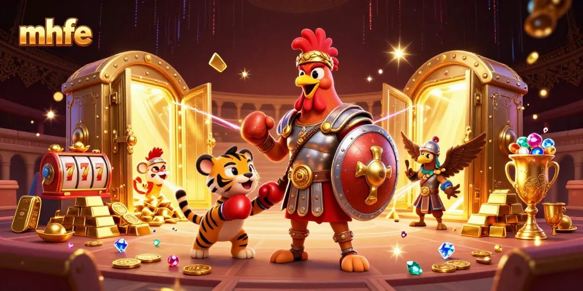 mhfe showcases a thrilling casino battle with a gladiator rooster against vibrant gaming elements.