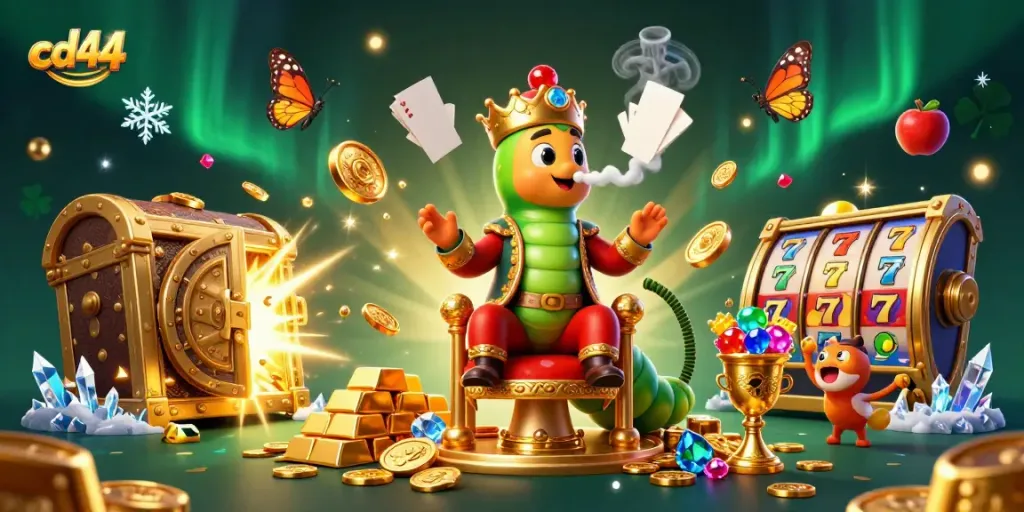 Engage with cd44 in an ultra-detailed 3D casino scene featuring a caterpillar master surrounded by vibrant slot symbols and treasures.