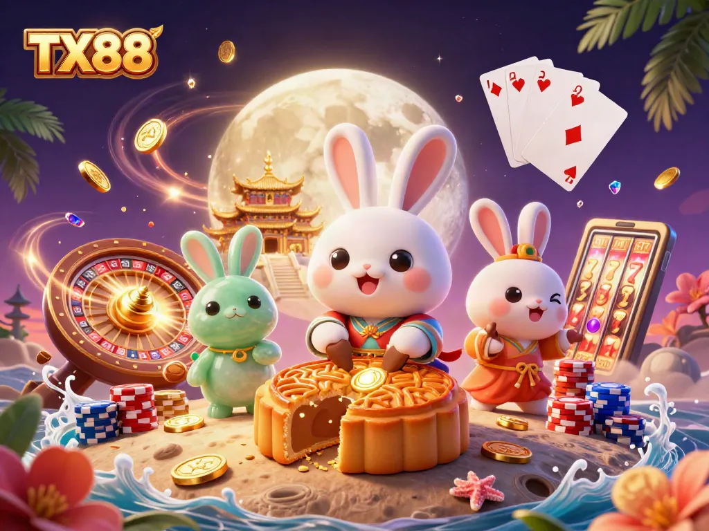 Experience the thrilling casino realm of TX88 with cartoon moon rabbits and poker chips.