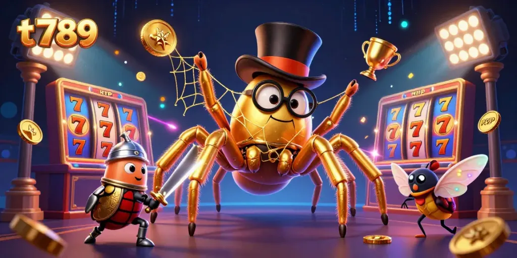 Experience thrilling gaming with t789 as a giant golden tarantula weaves wins amidst slot reels and golden treasures.
