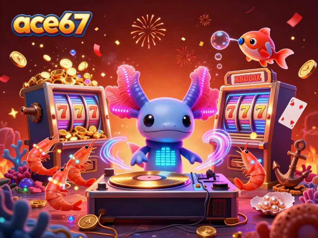 Spin reels and win at ace67 with vibrant underwater party scene featuring a DJ axolotl.