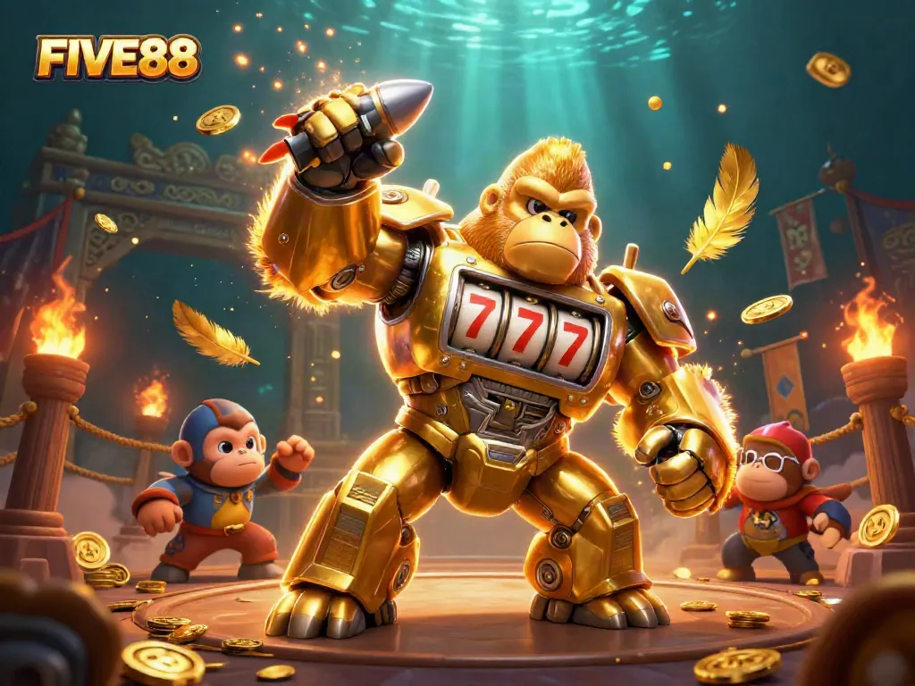 Experience the excitement of FIVE88 with a dynamic casino-themed illustration showcasing action-packed gaming elements.
