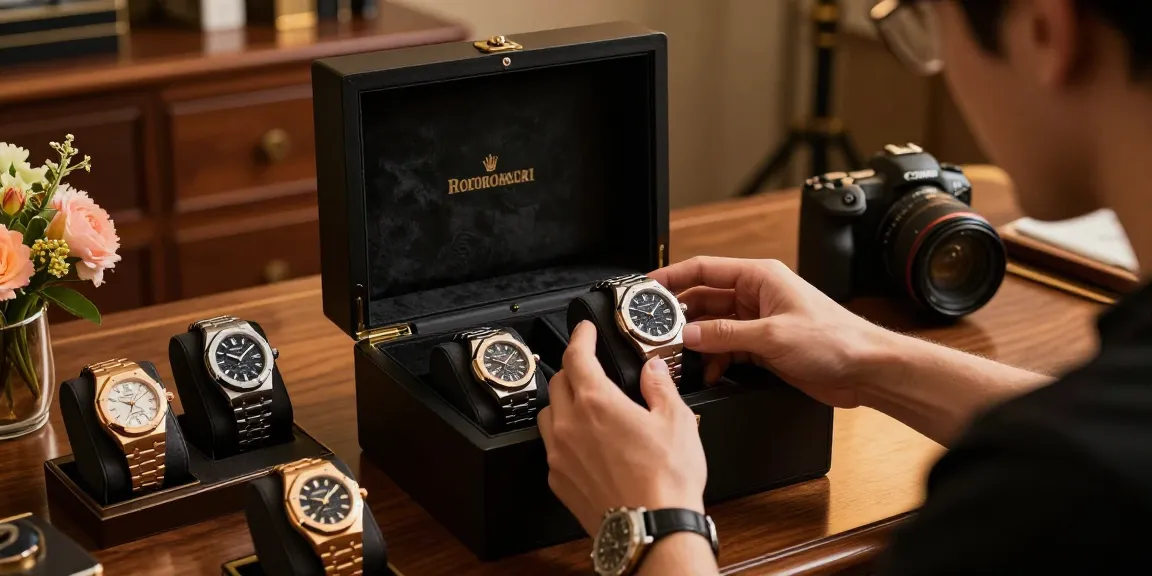 Inspecting luxury clone watches with elegant lighting and detailed craftsmanship in upscale setting.