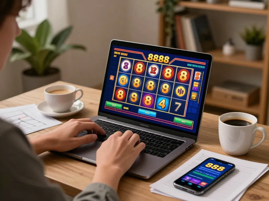 Playing slot88 on a laptop while enjoying a cozy home setup with coffee and strategy notes.