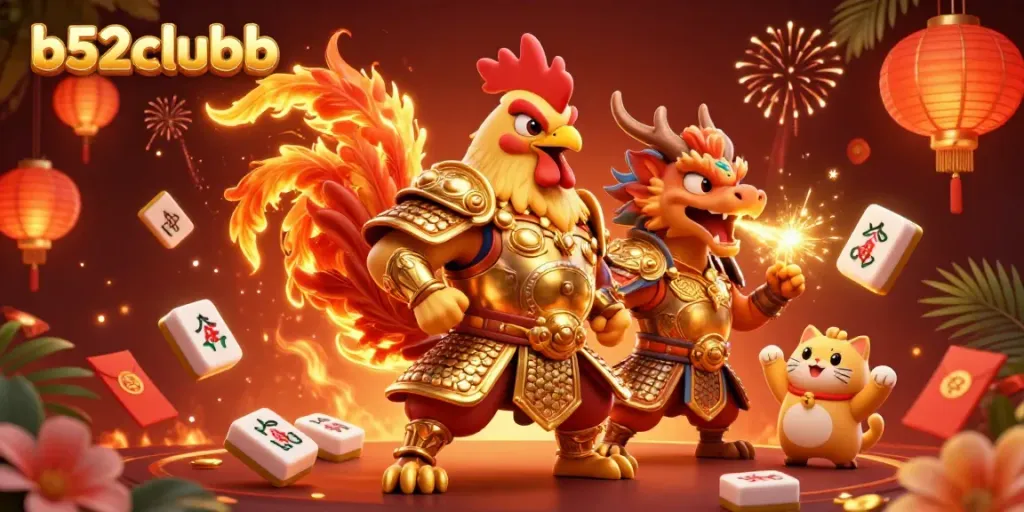 Experience the action of b52clubb with a vibrant illustration featuring a rooster warrior and a dragon hatchling, surrounded by casino elements.