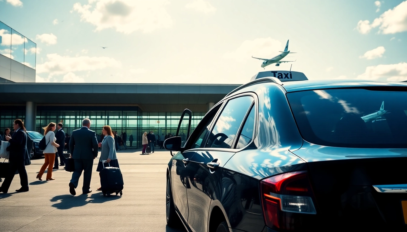 Taxi ready for passengers at Heathrow airport terminal entrance.