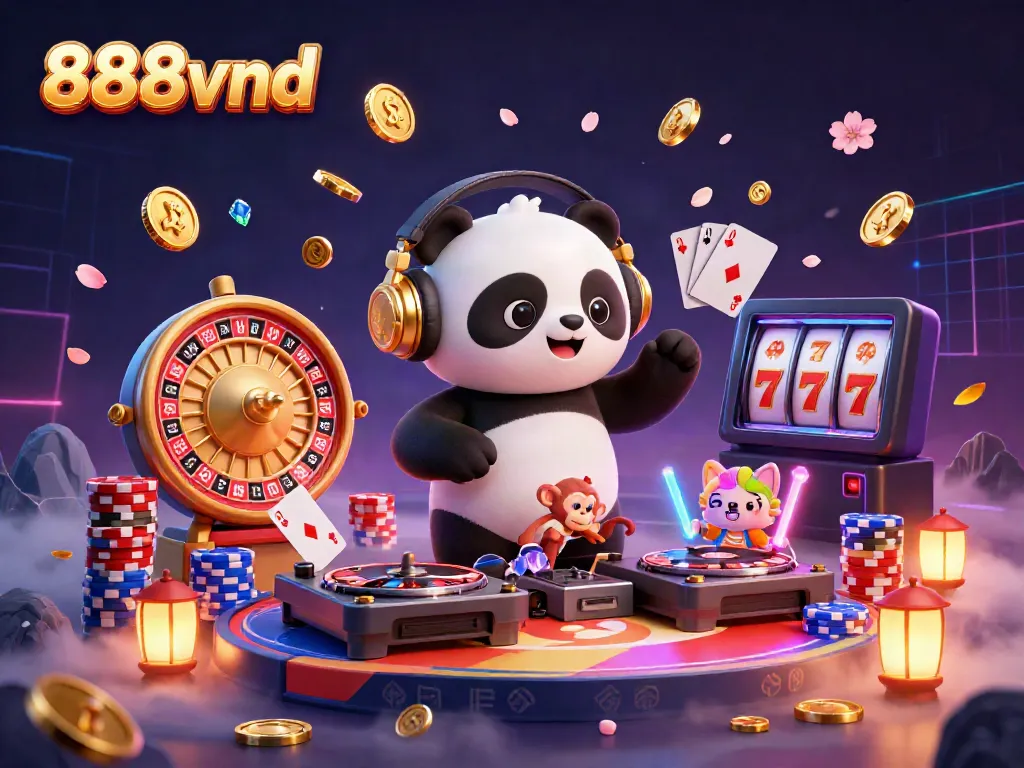 Join the fun at 888vnd with a vibrant DJ panda, breakdancing monkey, and glowing kitten amidst swirling casino elements.