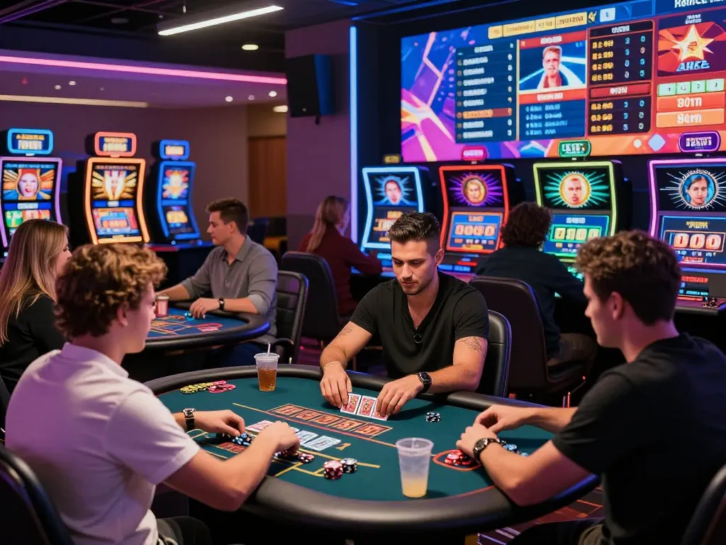 Players enjoying various games at a vibrant online casino showing 99ok's engaging gaming experience.