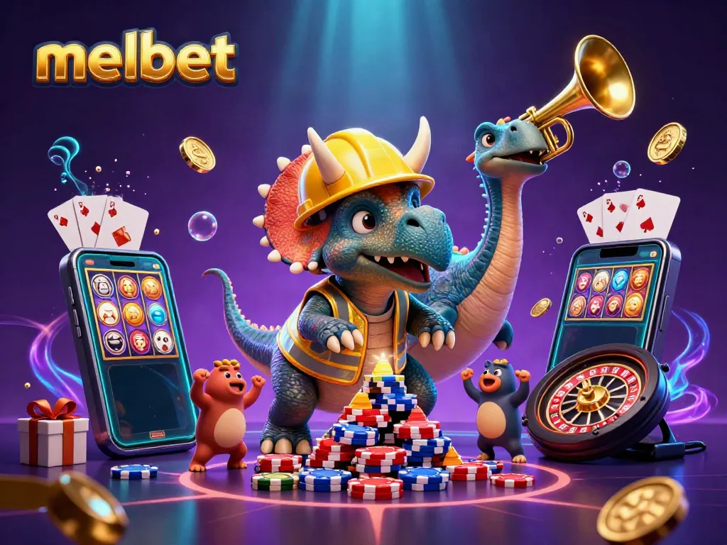 Triceratops and parasaurolophus celebrating melbet wins with poker chips and slot games in vivid 3D illustration.