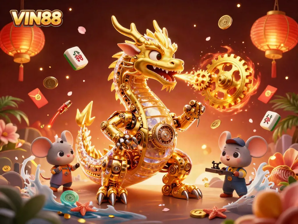 Engage with VIN88, showcasing a biomechanical dragon breathing gears amidst classic gaming elements, enhancing the casino experience.