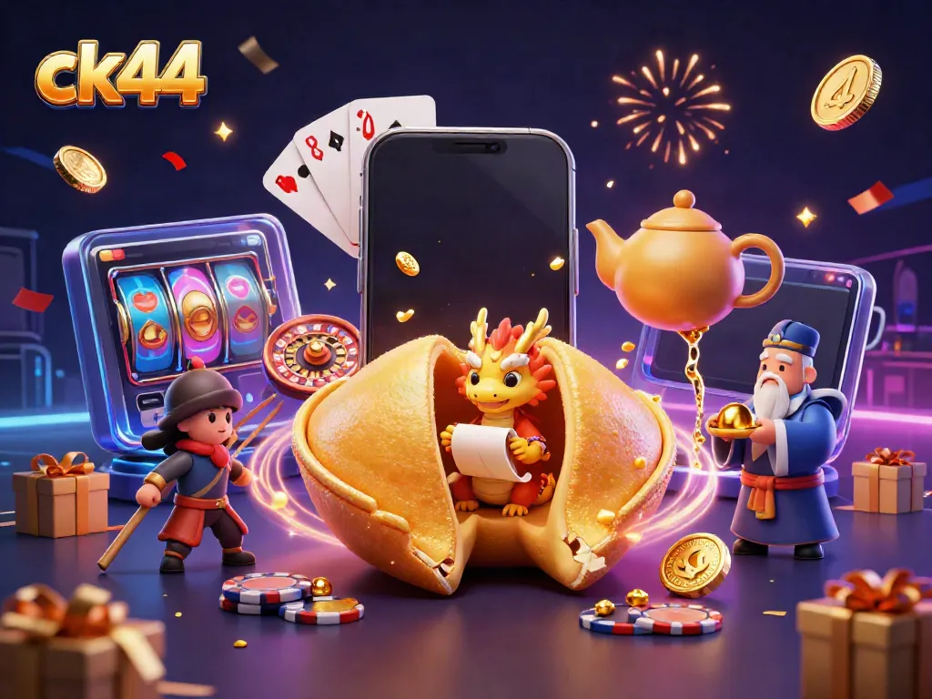 Engage with ck44's exciting casino experience featuring a golden fortune cookie and vibrant gaming elements.