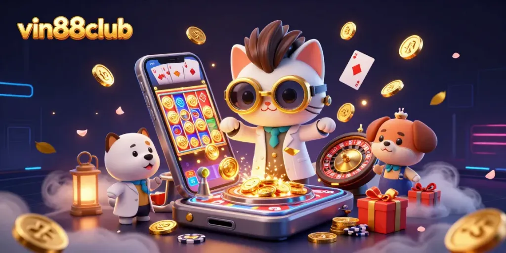 Experience thrilling gameplay at vin88club with a 3D illustration featuring casino elements and characters.