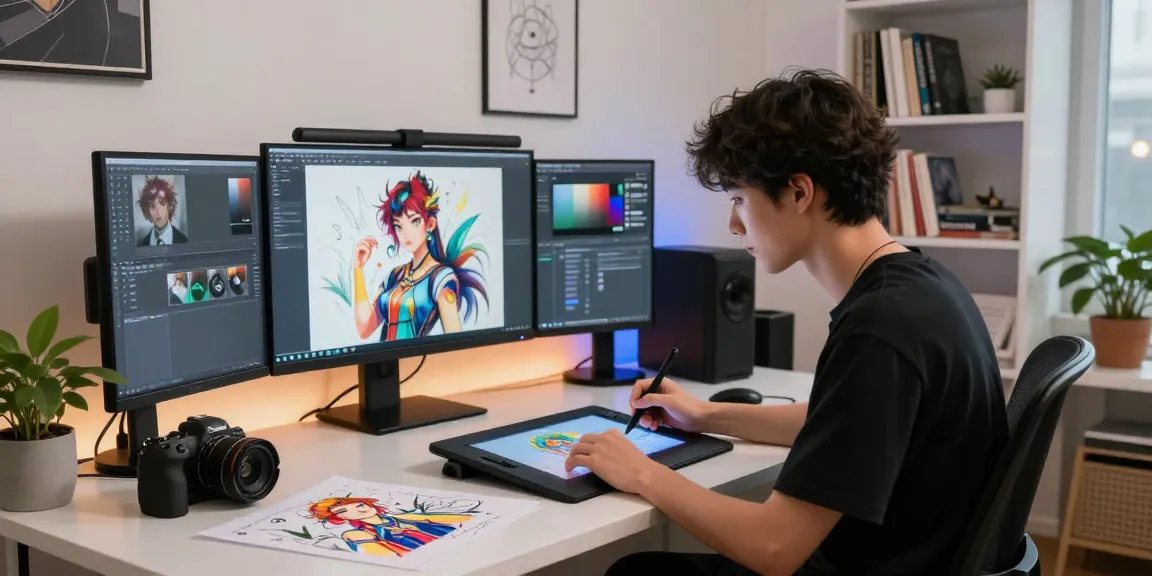 Dynamic NSFW AI art studio with designer creating vibrant digital illustrations and tech gadgets in a modern workspace.
